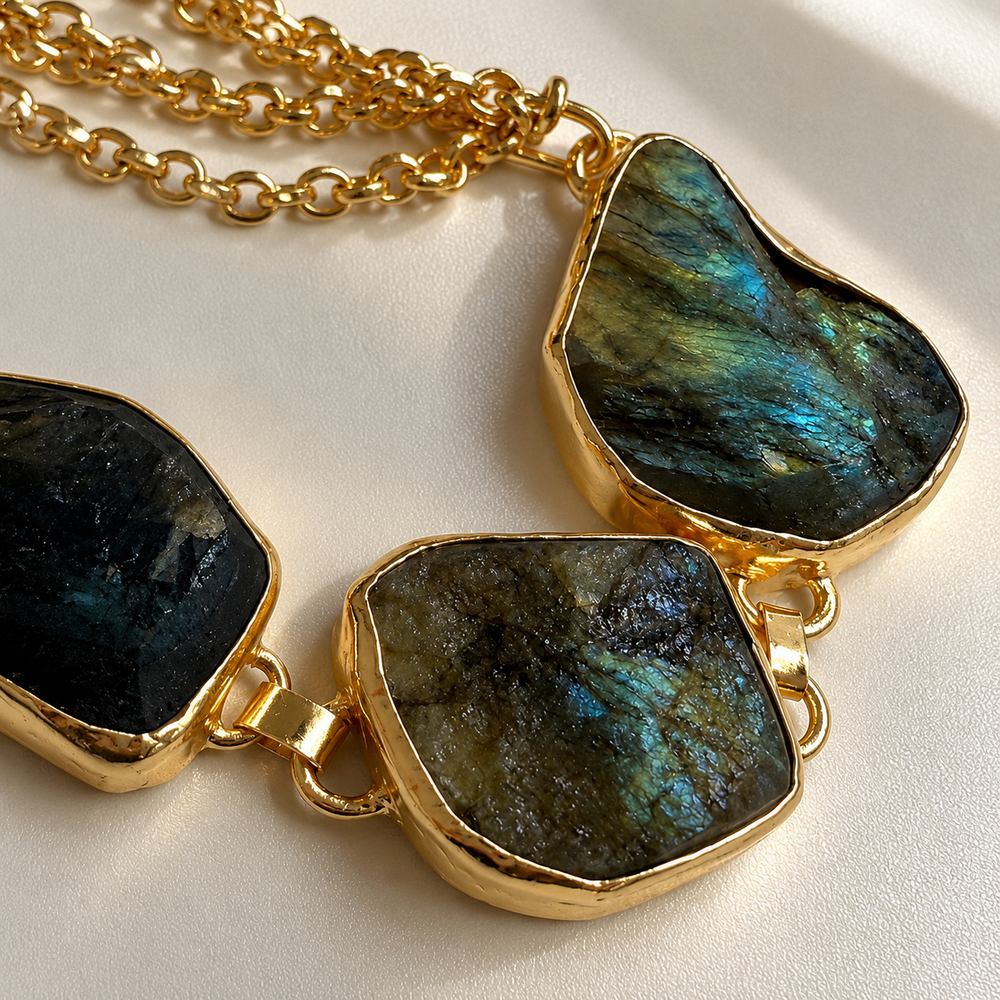 Natural Labradorite specimen showing blue-green flash and irregular formation
