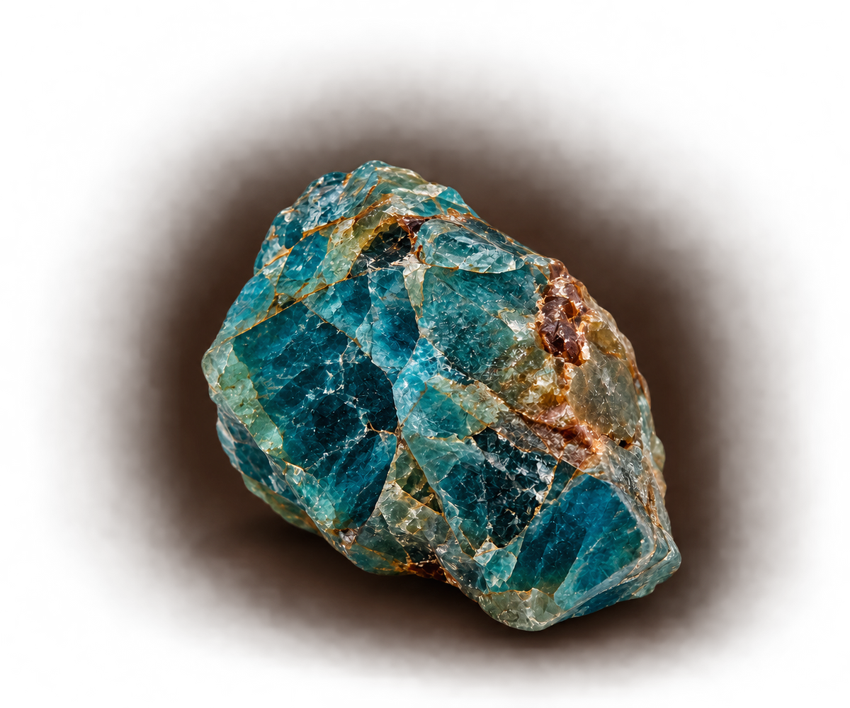 Piedra de apatito natural en bruto en tonos azul verdoso y verde azulado