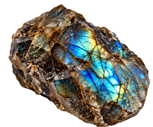 Piedra de labradorita natural en bruto con destello iridiscente azul-verdoso